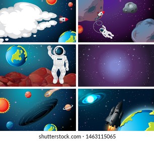 Conjunto de ilustraciones de escenas espaciales diferentes