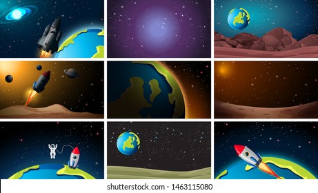 Set of different space scenes illustration