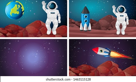 Set of different space scenes illustration