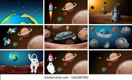 Set of different space scenes illustration