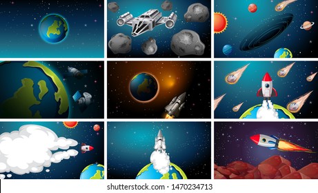 Set of different space scenes illustration