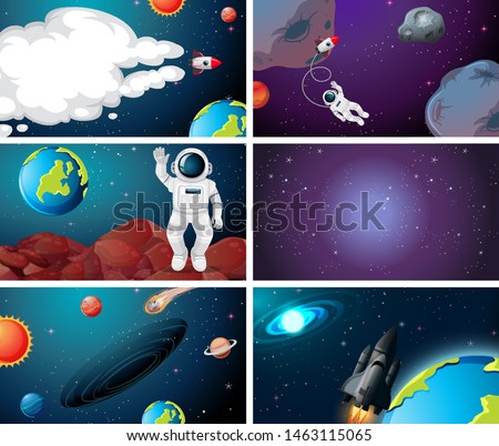 Set of different space scenes illustration