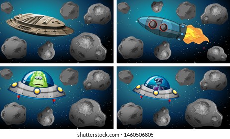 Conjunto de ilustraciones de buques espaciales diferentes