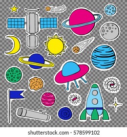 Set of different space stickers, badges, pins including planets, satellite, moon, sun, ufo, spaceship isolated on transparent background. Pop art patches for design.