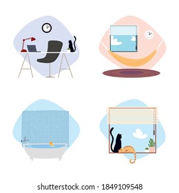 conjunto de diferentes espacios hogar escritorio silla portátil ventana gatos iconos vectorial