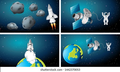 Set of different spaces scenes illustration