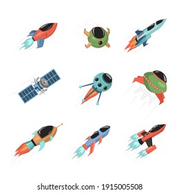 Set of different spaceships and satellites isolated on white background. Spacecrafts exploring cosmos vector flat illustration. Modern space rockets, space traveling concept.