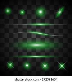 Set of different sparkling green light effects