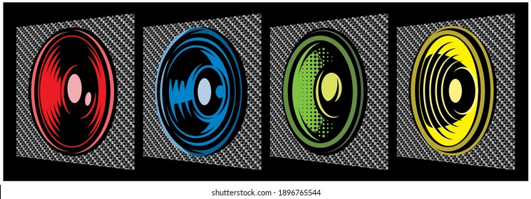 Conjunto de altavoces diferentes. Ilustración de color del vector. Elementos para el diseño. Fondo de fibra de carbono.