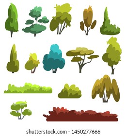 A set of different species of trees and shrubs in a flat style. Vector illustration deciduous and coniferous trees