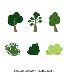 A set of different species of trees and shrubs in a flat style. Vector illustration deciduous and coniferous trees and bushes on white backgrounds.