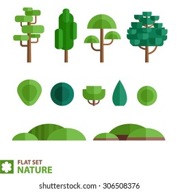 Set of different species of trees and shrubs in a flat style. Deciduous and coniferous trees and bushes in a flat style.