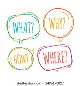 Set Of Different Speech Bubble In Doodle Style With Text Why What How Where Question Inside.