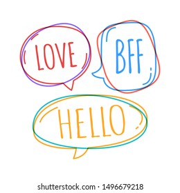 Set of different speech bubble in doodle style with text love, bff, hello inside.