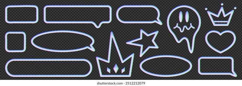 Conjunto de diferentes quadros de bolhas de fala em estilo 3D. Elementos inflados na forma de quadros, coroas, corações, estrelas com textura de neon de metal líquido.