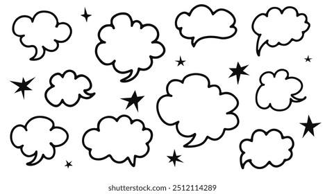 Set of different speech bubbles. Dialogue box in doodle style with stars. Text boxes for chats and games. Collection of hand drawn comic speech bubble. Various talk balloon shapes in retro 90's style