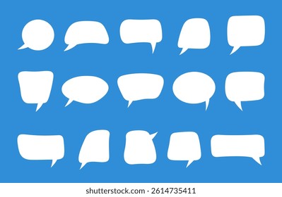 A set of different speech bubbles. Isolated white, empty chat windows, dialog boxes on a blue background. An element for a design, message, or dialog. Vector illustration, flat design, hand-drawn