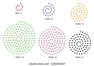 Set of different spirals pattern designed by forming groups of stars.