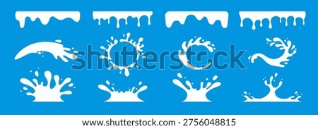 Set of different splash milk splats with stain shape of puddle. Drop icons liquid yogurt for vector abstract background. Bubble flat illustration of splash with milk pattern