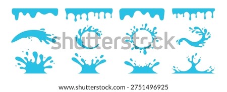 Set of different splash water splats stain shape of puddle. Icons of drop liquid for vector abstract background. Bubble flat illustration with water splash pattern