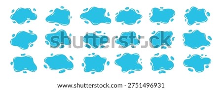 Set of different splash water splats stain shape of puddle. Icons of drop liquid for vector abstract background. Bubble flat illustration with water splash pattern
