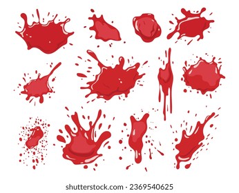 Conjunto de diferentes manchas de sangre salpicadas. Brissy y manchas de elementos sangrientos.