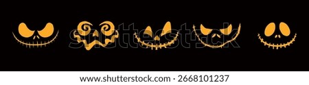 Set of different spooky pumpkin faces on dark background.