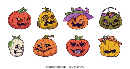 Set of different spooky pumpkin heads. Scary ghosts of Jack. Orange squashes with cutted creepy faces and candies. Traditional Halloween character. Flat isolated vector illustrations on white