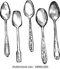 set of different spoons, hand drawn vector illustration