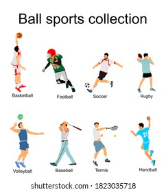 Set of different sport discipline players with ball vector illustration isolated on white background. 