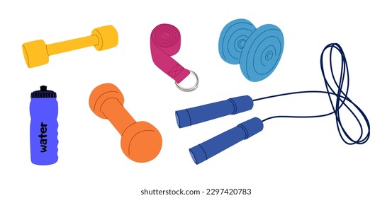 Set of Different Sport equipment. Fitness inventory, gym accessories. Dumbbells, mat, skipping rope, Bottle water, Yoga stretch Belt. Healthy lifestyle concept. Hand drawn sport equipments. Vector