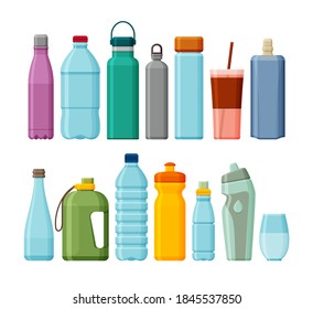 Set of different sport and plastic water bottles isolated on white. Vector illustration