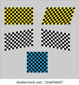 Set of different sport race flags with black and yellow, white and blue squares. Off road start and fonish lines and flags designs