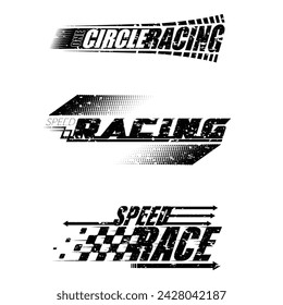 Set of different sport race track decals isolated on wlite background. Racing checkered flags woth text