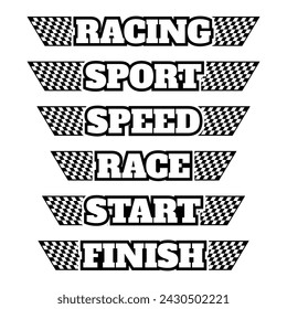 Set of different sport text lines with checkered patterns for car and moto racing designs