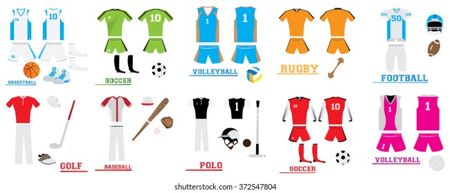 Set of different sport uniforms with different sport balls on a white background