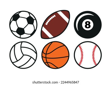 Set of different sports balls, soccer, volleyball, basketball, softball, flat icons vector illustration. 