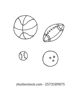 Set of different sports balls. Vector outline black and white doodle illustration of basketball, bowling ball, tennis ball and rugby ball.