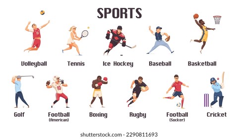 Set of different sports. Cartoon. Isolated sportsmen on white background. Vector illustration