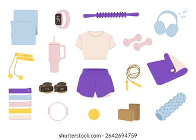 Conjunto de equipamentos esportivos diferentes. Coleção de fitness bonito desenhado à mão. Sinos, pular corda, elásticos de fitness, tapete de ioga, bola de massagem, rolo. Treinos em casa. Estilo de vida saudável. 