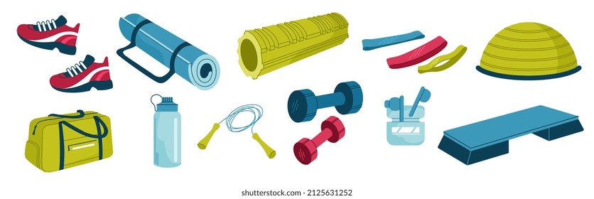 Set of different sports equipment. Fitness equipment for performing physical exercises. Shoes, dumbbells, elastic bands, jump rope and bag. Cartoon flat vector collection isolated on white background