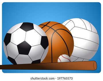 set of different sports equipment, soccer ball, basketball, volleyball, and baseball with bat on a blue background