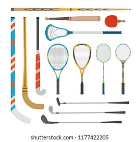 A set of different sports equipment, stick, racket, bat