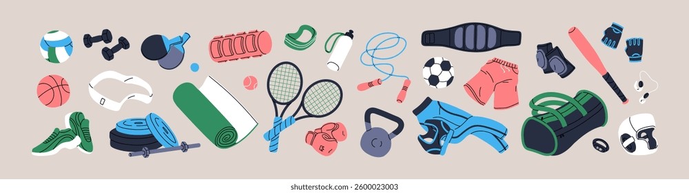 Set of different sports equipment. Various fitness gym accessories, training items. Workout supplies: balls, barbell, rackets, skipping rope, yoga mat, baseball bat. Flat isolated vector illustrations