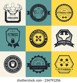 Set of different sports and fitness logo templates. Gym logotypes. Athletic labels and badges made in vector. Bodybuilder, fit man, athlete icon.  