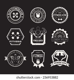 Set of different sports and fitness logo templates. Gym logotypes. Athletic labels and badges made in vector. Bodybuilder, fit man, athlete icon.  