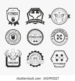 Set of different sports and fitness logo templates. Gym logotypes. Athletic labels and badges made in vector. Bodybuilder, fit man, athlet icon.  