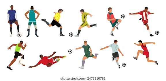 Set of different sports men soccer players. Professional sportsmen with ball running, jumping. Vector colorful illustrations isolated on white background.