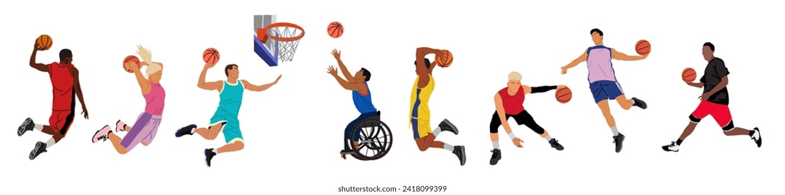 Set of different sports men, woman, disabled person in wheelchair basketball players. Professional sportsmen with ball, basket net, shield . Vector illustrations isolated on white. Not generative AI.