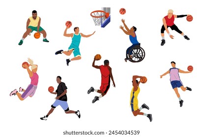 Set of different sports men, woman, disabled person in wheelchair basketball players. Professional sportsmen with ball, basket with net and shield . Vector illustrations on white background.